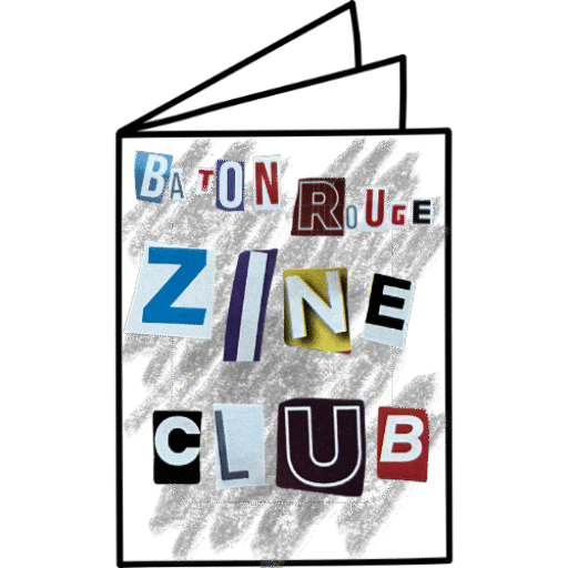 Baton Rouge Zine Club logo. Booklet outline with collage letters on front.